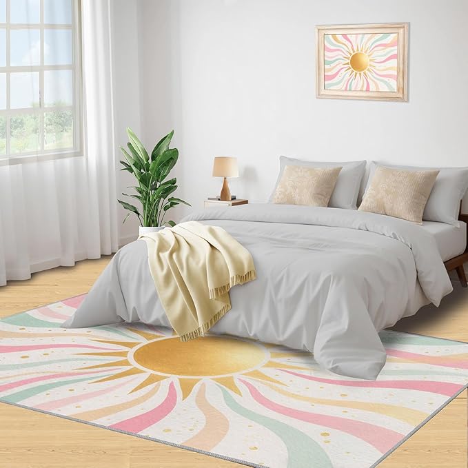 Boho Sun Area Rugs 5x8ft, Minimalist Sunburst Living Room Carpet, Abstraction Deco Decorative Carpet Protect Floor for Bedroom Men Office Hardwood Floors