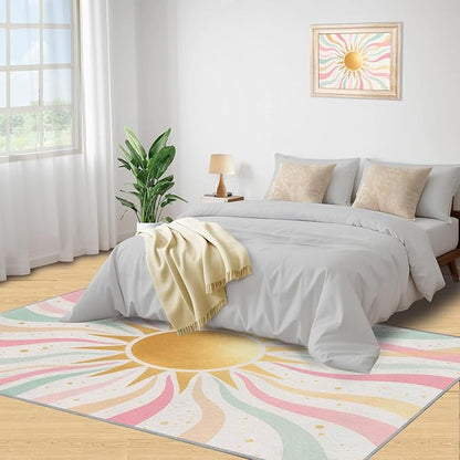 Boho Sun Area Rugs 3x4ft, Minimalist Sunburst Kids Bedroom Rug, Abstraction Deco Bedside Rug Durable Non Slip for Cafe Living Room Under Table Boys Room Decor