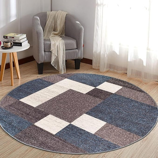 Rugshop Modern Boxes Design Non-Slip (Non-Skid) Round Area Rug for Living Room, Entryway,Kitchen,Breakfast Nook 8' Blue