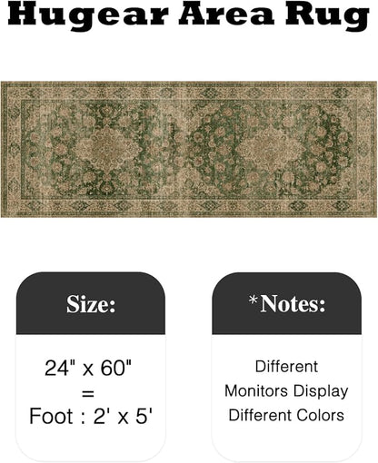 HUGEAR 2x5 Runner Rug Hallway Machine Washable Retro Green Vintage Floral Low Pile Carpet Distressed Long Throw Rug Bedroom Office Bathroom Kitchen Laundry Non Slip Soft Lightweight