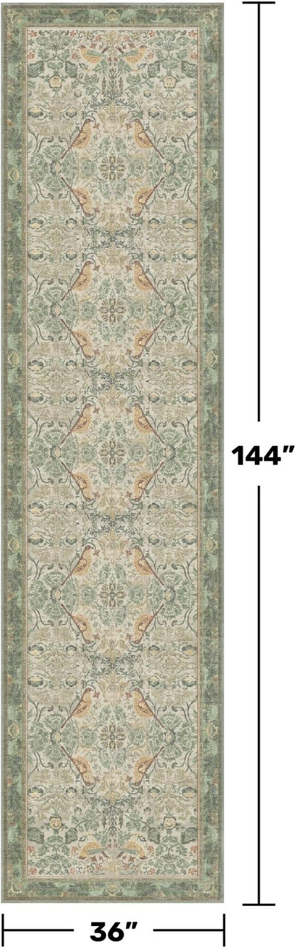 12ft Extra Long Vintage Runner Rugs for Hallways - 3x12 Wide Kitchen Runners, Entryway Rug, Sage Boho Design with Flowers and Leaves, Washable Non Slip Low Pile