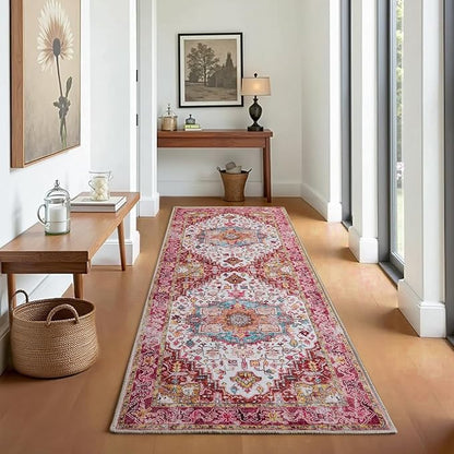 Runner Rug 2×6, Machine Washable Vintage Non-Slip Area Rug, Low Pile, Decorative Carpet Printed Floral Rugs for Living Room, Entryway, Kitchen, Bedroom, Plum