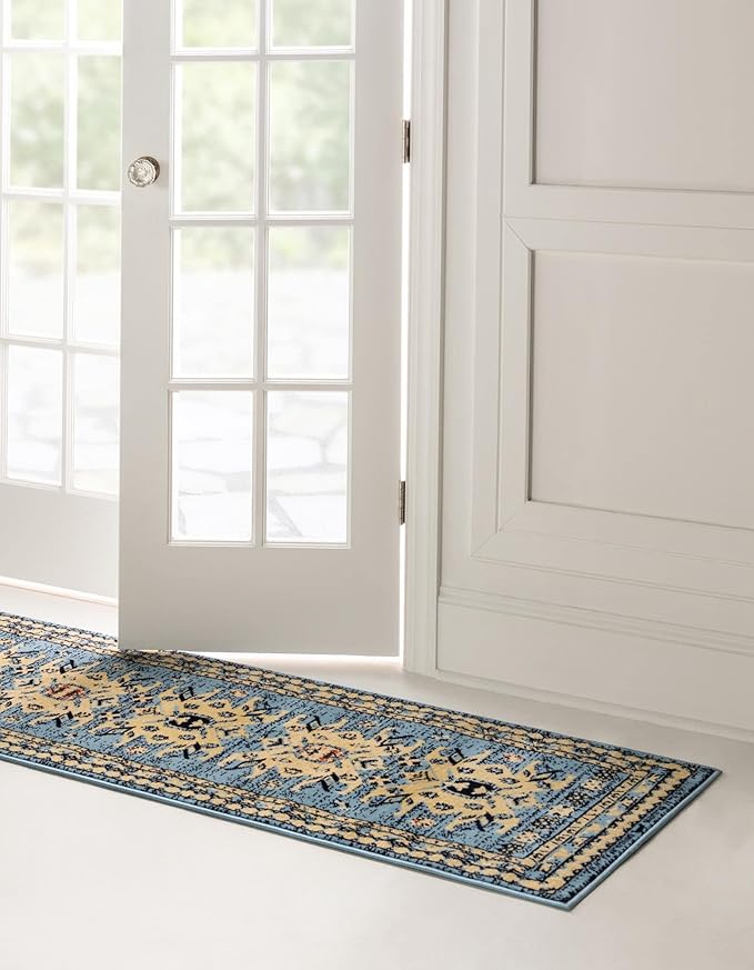 Unique Loom Taftan Collection Border Geometric Tribal Inspired Design Area Rug (3' 0 x 16' 5 Runner, Light Blue/ Gold)
