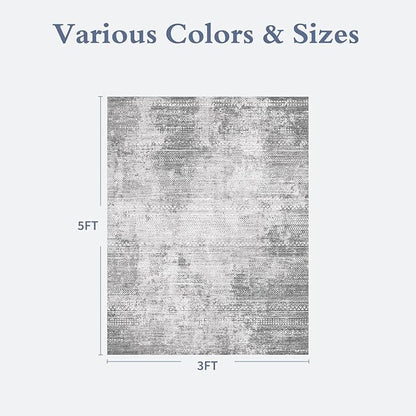 3 x 5 Rug Small Non Slip Machine Washable Rug Distressed Abstract Soft Indoor Carpet Neutral Boho Rug for Bedroom Living Room Entryway Kitchen Bedside, Grey