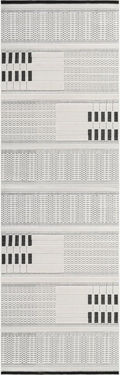 CAMILSON Modern Runner Rug 2x7 Luxury Geometric Pattern Micro Loop Hallway Rugs Soft High and Low Pile Stain Resistant Easy to Clean Non-Shedding Entryway Kitchen Indoor Area Carpet (White/Black)
