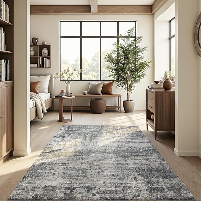 Area Rug 6x9 Washable Rug Black for Living Room, Dining Room, Bedroom, Large Carpets, Non Slip & Non-Shedding Low Pile Vintage Print Rug for Home Office Decor