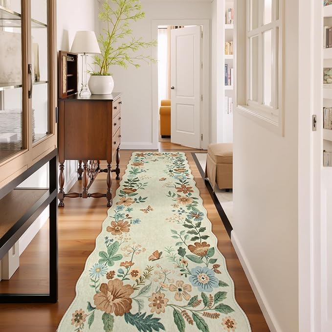 Lahome Floral Hallway Runner Rug Non Slip, 2'6''x10' Washable Runner Soft Ultra-Thin Soft Hallway Rug, Distressed Long Carpet for Entryway Bathroom, Beige