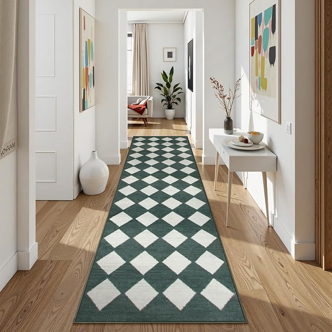Lahome Checkered Washable 2x8 Green Runners for Hallways Non Slip, Ultra-Thin Kitchen Bathroom Runner Rugs, Moroccan Trellis Throw Carpet Runner for Bedroom Entryway Decor (2'x8',Dark Green)