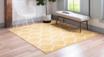 Rugs.com Lattice Frieze Collection Rug – 7' Square Yellow Medium Rug Perfect for Living Rooms, Kitchens, Entryways