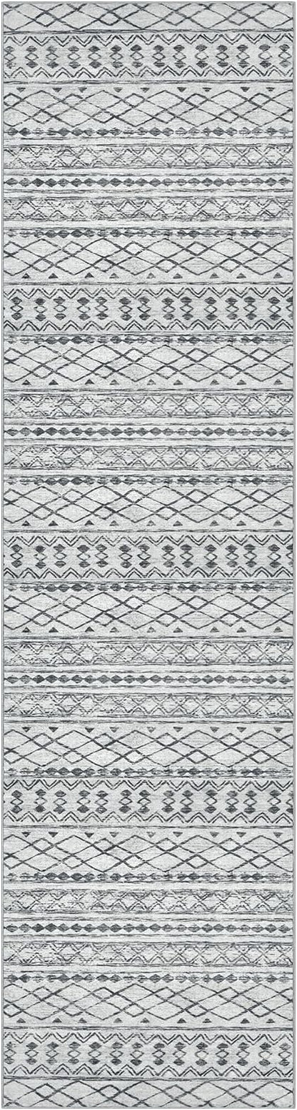 KUTA Moroccan Washable Runner Rug, 2x10 Non-Slip Vintage Grey Boho Hallway Kitchen Runners Ultra Soft Distressed Geometric Floor Carpet Rugs for Bedroom Laundry Living Room