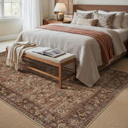 HUGEAR 9x12 Machine Washable Rugs Brick Red Hallway Large Area Rug Indoor Accent Rug Floral Low Pile Carpet Soft Throw Aesthetic Rug Bedroom Living Room Office Dining Room Kitchen Laundry Room