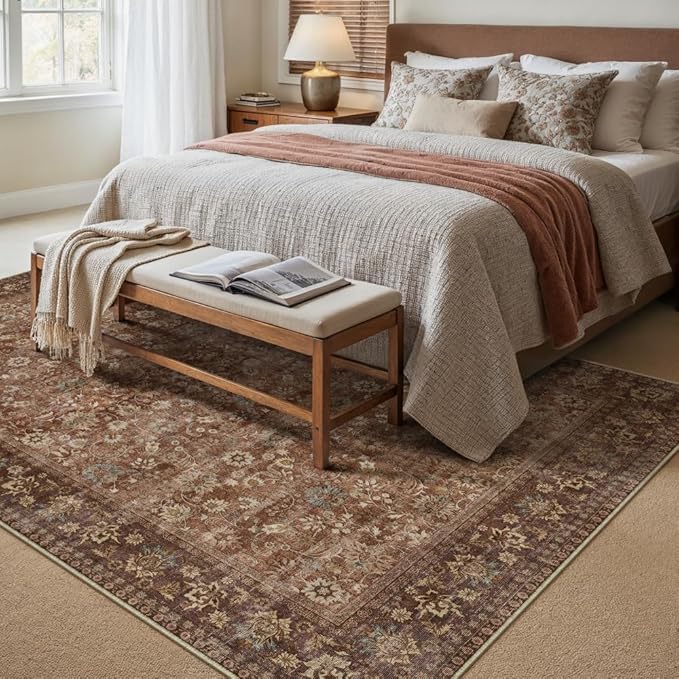 HUGEAR 6x9 Machine Washable Rugs Brick Red Hallway Large Area Rug Indoor Accent Rug Floral Low Pile Carpet Soft Throw Aesthetic Rug Bedroom Living Room Office Dining Room Kitchen Laundry Room
