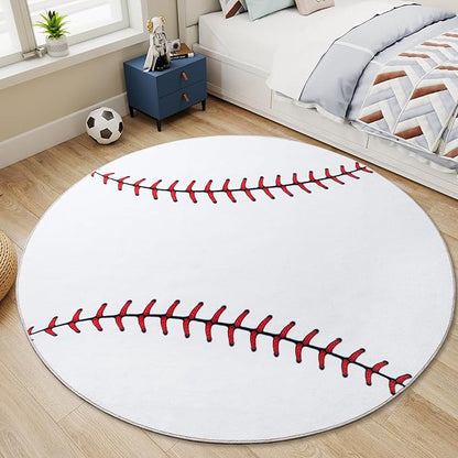 Soft Round Rugs for Bedroom, Baseball Rug for Boys, Bedside Area Kids Carpet, Baseballs Lovers Home Decor Indoor Circle Carpets for Living Room, Nursery, Dorms Machine Washable, 6ft Inch