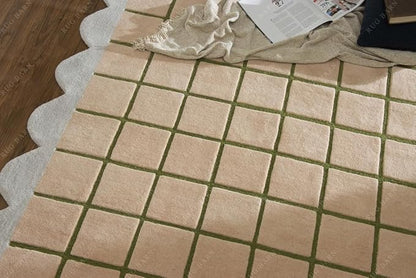 Scalloped Border Wool Area Rug with Windowpane Grid, Hand-Tufted, Beige-Blush with Sage Lines & Light Purple Edge - Soft High-Low Pile for Living Room, Bedroom, Nursery - 5x8 Ft