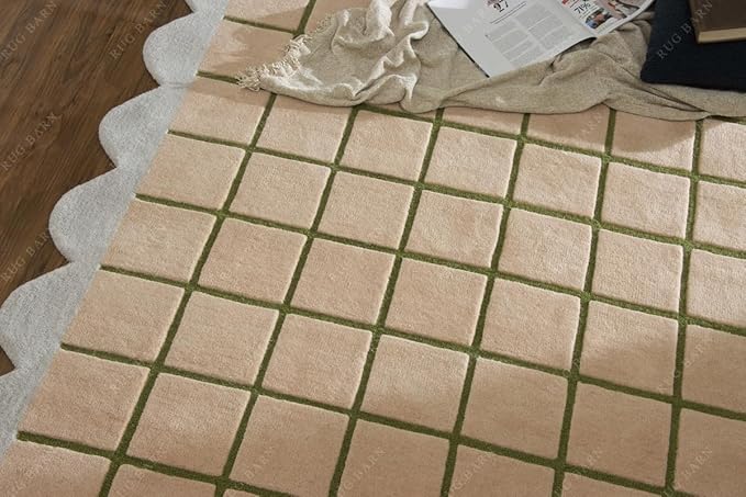 Scalloped Border Wool Area Rug with Windowpane Grid, Hand-Tufted, Beige-Blush with Sage Lines & Light Purple Edge - Soft High-Low Pile for Living Room, Bedroom, Nursery - 6x6 Ft (Square)