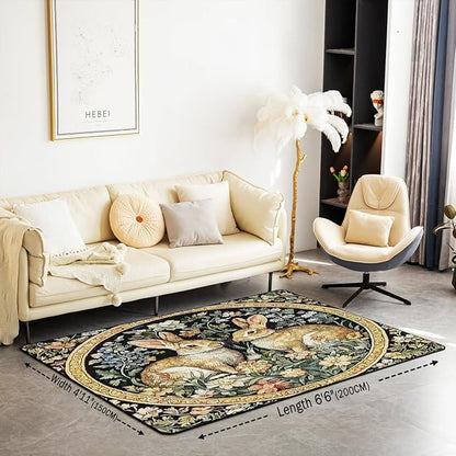 Rustic Rabbits Large Area Rug 5x7 Country Plant Leaves Floral Living Room Rug | Vintage Farmhouse Style Farm Animals Rugs for Bedroom, Cute Rabbit Botanical Carpet Indoor Floor Mat