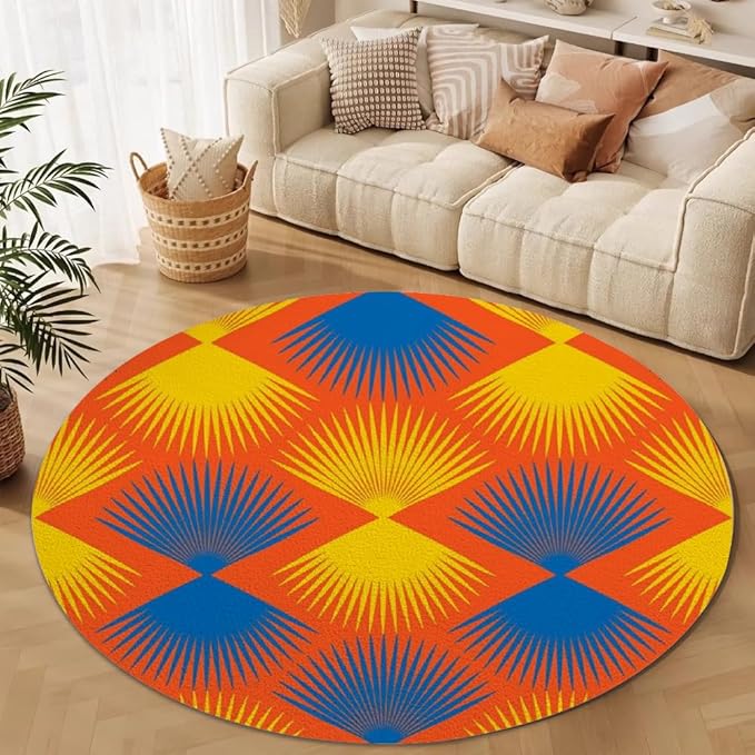 Vintage Blue Orange Round Rug Retro Pattern Print Area Rug Washable 5ft Circle Rugs for Living Room Bedroom Non Slip, Soft Indoor Floor Carpet for Kitchen Entryway Family Room