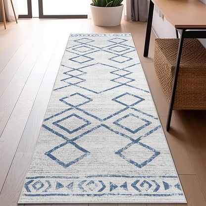 jinchan Moroccan Runner Rug 2x5 - Kitchen Machine Washable Runner Rug Modern Geometric Soft Low-Pile Lightweight Non-Slip Carpet for Entryway Hallway Laundry Room Bedroom Farmhouse (2x5ft, Blue)