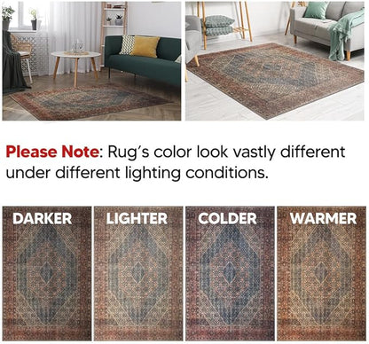 Keen Home Design 8x10 Rug - Machine Washable Area Rug with Non-Slip Backing, Ideal for Living Room, Dining Room, Bedroom - Vintage, Easy Clean, Durable, Low Pile Rug - (8' x 10')