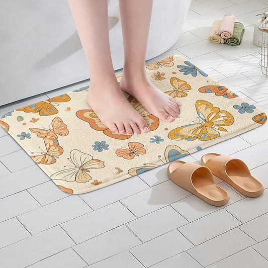 Erosebridal Groovy Party Decorations Bathroom Rugs Cute Butterfly Bath Mat for Girls Retro Flowers Non Slip Bath Rugs Kawaii Animal Themed Fluffy Plush Rugs 20x32 Daisy Floral Shower Carpet