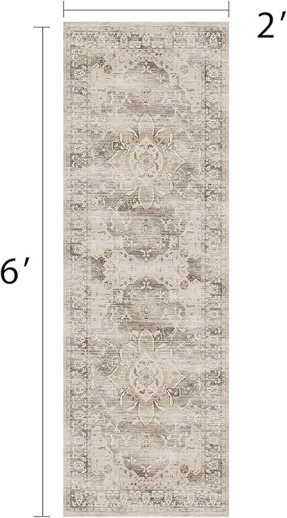 Washable Runner Rugs for Entryway 2x6 Non-Slip Low Pile Vintage Runners for Bedside Hallways Beige