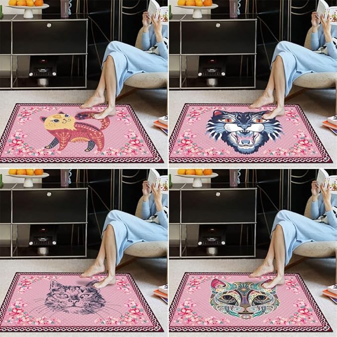 Cartoon Animal Pattern Area Rug Cute Cat Luxury Floral Decor for Carpet Farmhouse Bedroom Living Room Rugs Bathroom Kitchen Runner Mat Indoor Outdoor Non Slip Doormat 4' X 4'