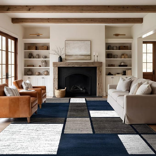 Rugshop Modern Geometric Boxes Navy Area Rug, Fade-Resistant Carpet for Large Living Room, Bedroom, or Open Space, 10' x 14'