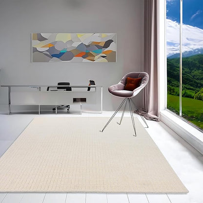 Hand-Tufted 100% Wool Area Rug – Unique Modern Geometric Grid Pattern, Soft Plush Textured Carpet for Living Room, Bedroom, Dining Room & Entryway (Beige, 6' Round)