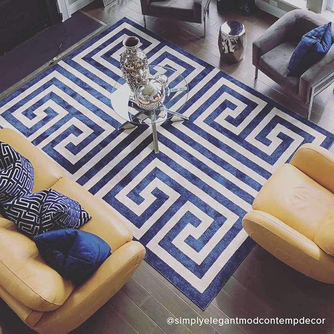 Unique Loom Athens Collection Classic Geometric Modern Border Design Area Rug (3' 3 x 5' 3 Rectangular, Navy Blue/ Beige)