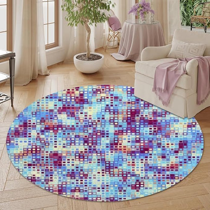 Abstract Pixel Geometry Round Rug Ombre Blue Purple Living Room Circle Area Rugs 5ft Washable Soft Non Slip Low Pile Indoor Floor Carpet for Bedroom Office Kitchen Coffee Table