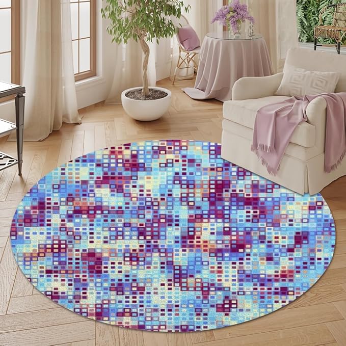 Abstract Pixel Geometry Round Rug Ombre Blue Purple Living Room Circle Area Rugs 3ft Washable Soft Non Slip Low Pile Indoor Floor Carpet for Bedroom Office Kitchen Coffee Table