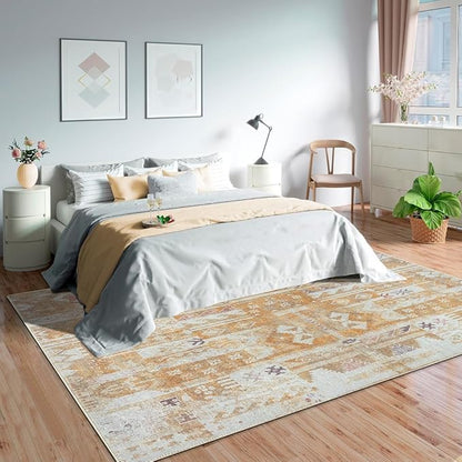 GLN Rugs Traditional Collection - Machine Washable Area Rug, Traditional Washable, Non Slip, Low Pile Chenille Rug, Living Room, Bedroom, Kitchen Rug (9' x 12' Sand/Light Gray)
