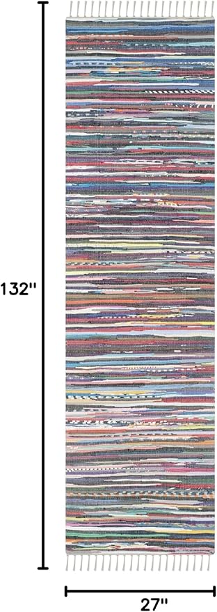 SAFAVIEH Rag Rug Collection Runner Rug - 2'3" x 11', Grey & Multi, Handmade Boho Stripe Cotton, Ideal for High Traffic Areas in Living Room, Bedroom (RAR121M)