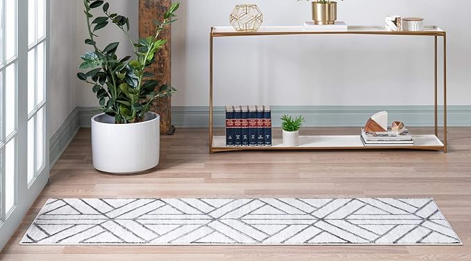 Rugs.com Lattice Trellis Collection Rug – 10 Ft Runner White Low-Pile Rug Perfect for Hallways, Entryways