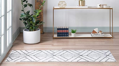 Rugs.com Lattice Trellis Collection Rug – 10 Ft Runner White Low-Pile Rug Perfect for Hallways, Entryways