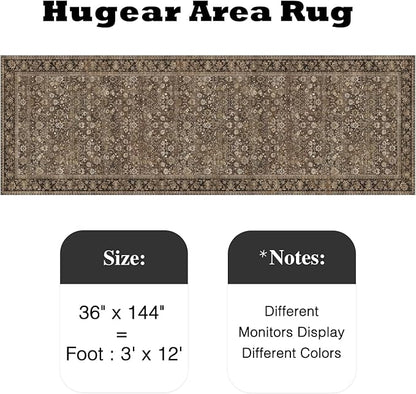 HUGEAR 3x12 Runner Rug Machine Washable Brown Hallway Area Rug Indoor Accent Rug Floral Low Pile Carpet Soft Throw Rug Bedroom Living Room Office Dining Room Kitchen Laundry Room Non Slip