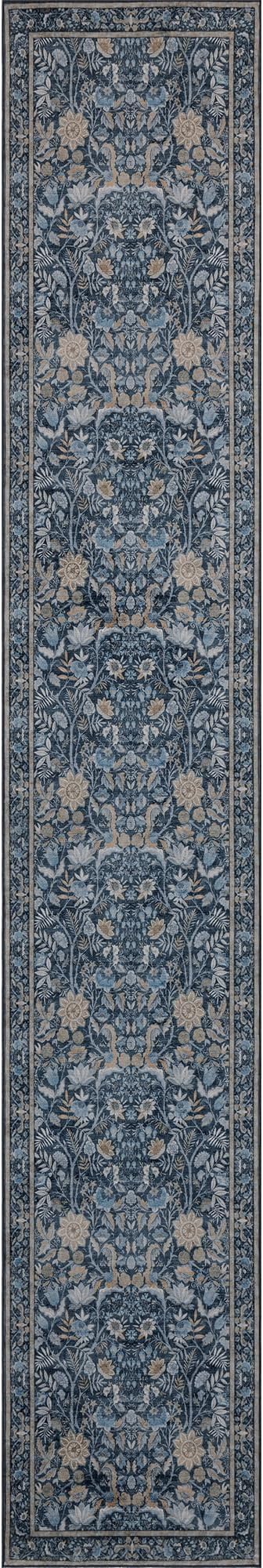 Washable Runner Rug 2x12: Vintage Boho Floral Carpet Runners for Hallway Entryway Non-Slip - Soft Botanical Low Pile Thin Mat for Kitchen Bathroom Bedroom Laundry Floor Decor - Slate Blue