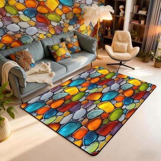 Cobblestone 3x5 Area Rug Rainbow Pebble Rugs for Living Room | Garden Gravel Stone Washable Rug, Watercolor Cobble Carpet Indoor Floor Mat