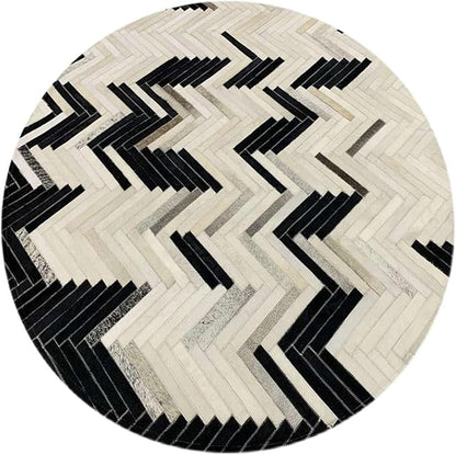Round Cowhide Faux Leather Area Rug 9×9 ft – Black & White Modern Chevron Pattern Low Pile Carpet with Non-Slip Wool Backing, Soft Durable Living Room & Bedroom Accent Rug