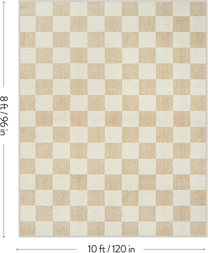 LIVEBOX 8x10 Area Rugs for Living Room, Checkered Non-Slip Washable Rugs, Farmhouse Neutral Classic Geometric Pattern Large Boys Area Rug for Bedroom, Carpet for Dining Room Office(Ivory,8'x10')
