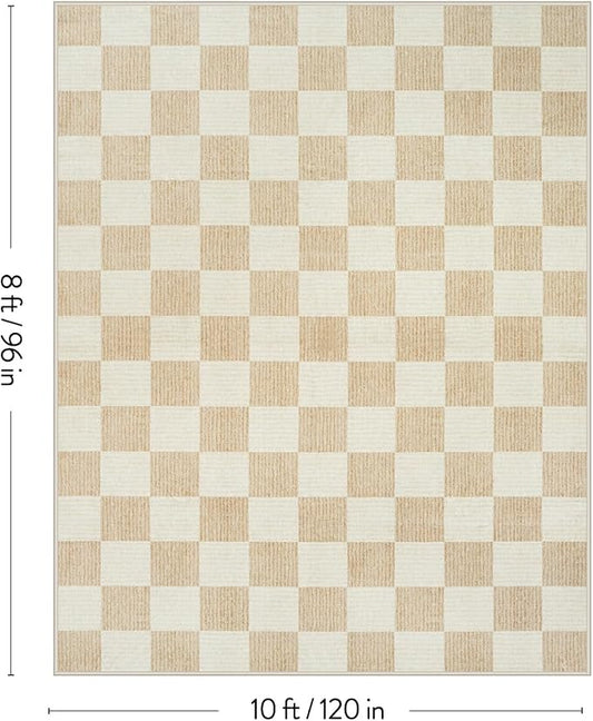 LIVEBOX 8x10 Area Rugs for Living Room, Checkered Non-Slip Washable Rugs, Farmhouse Neutral Classic Geometric Pattern Large Boys Area Rug for Bedroom, Carpet for Dining Room Office(Ivory,8'x10')