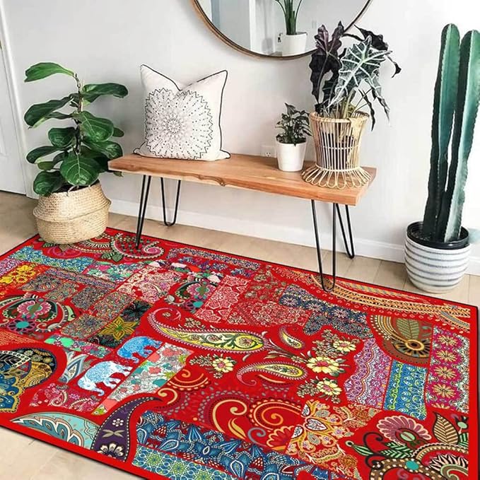 Vintage Boho Area Rugs Multicolor Ethnic Style Geometric Splicing Carpets Bedroom Living Room Kitchen Floor Mats Indoor Outdoor Non-Shedding Runner Rug Home Décor Carpet 4.5' X 6.5'