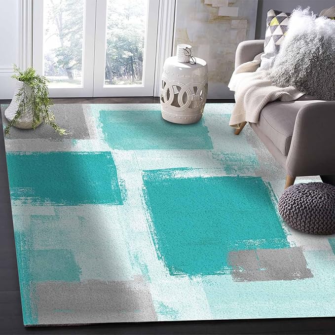Teal Green Rectangular Area Rugs for Living Room Bedroom 2.8 x 5 ft Abstract Paint Texture Modern Art Non-Shedding Soft Low Pile Rug Non Slip Washable Rug for Nursery Entryway Playroom