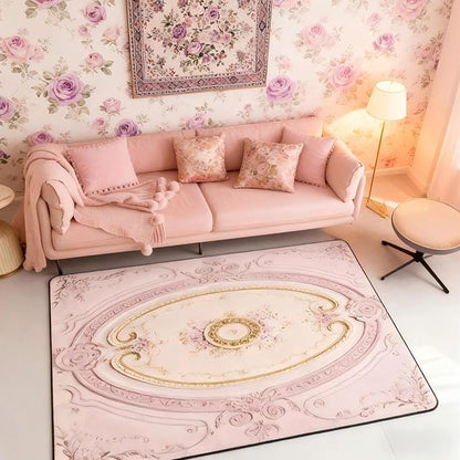 Light Pink Large Area Rug 5x7 Antique Decor Boho Floral Living Room Rug | Bohemian Flowers Rugs for Bedroom, Minimalist Damask Victorian Carpet Indoor Floor Mat