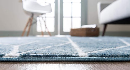 Rugs.com Lattice Trellis Collection Rug – 3 Ft Round Blue Low-Pile Rug Perfect for Kitchens, Dining Rooms