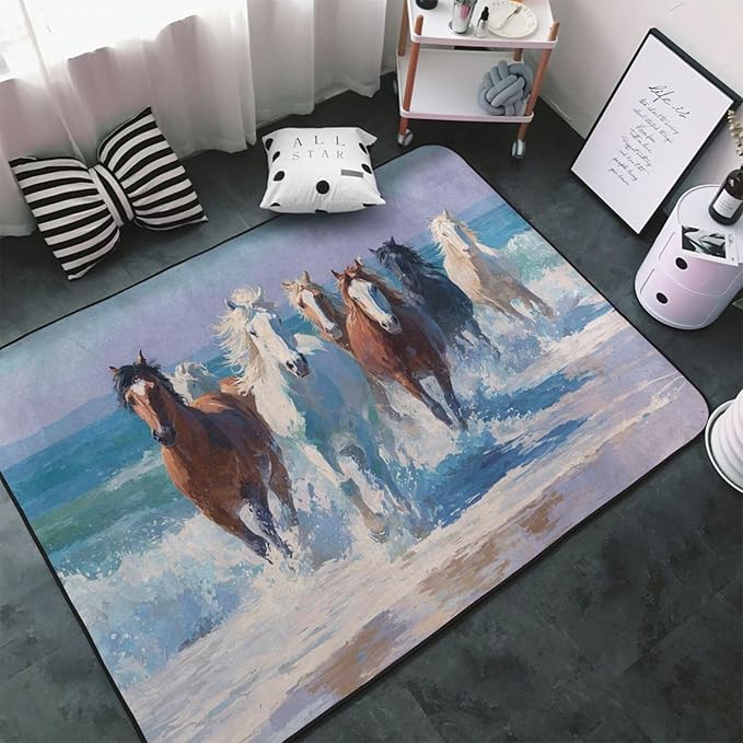 Horse Run Gallop in Waves Ocean Area Rug Washable Outdoor Rugs Anti-Slip Soft Carpet Entryway Indoor Door Mat for Bedroom,Living Room,Porch,Terrace and Entrance Decor 2'x 1'