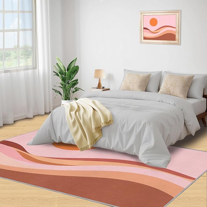 Boho Sun Area Rugs 4x6ft, Minimalist Sunburst Carpet for Bedroom, Abstraction Deco Rug for Living Room Easy to Clean for Indoor Outdoor Hardwood Floors Home Decor
