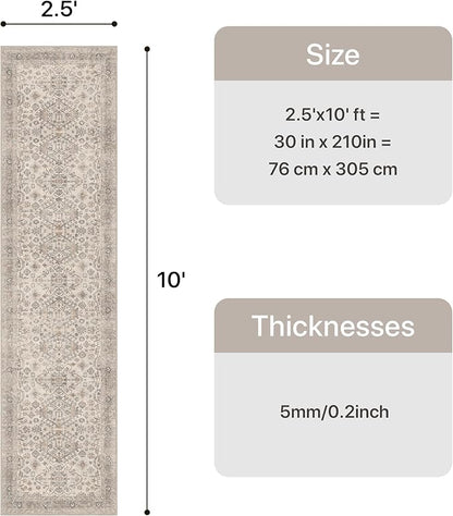 Bavni Washable Runner Rug 2’6”x10, Non Slip Vintage Hallway Runner, Ultra Thin Low Pile Washable Carpet for Kitchen Entryway Bedroom, Light Taupe Brown