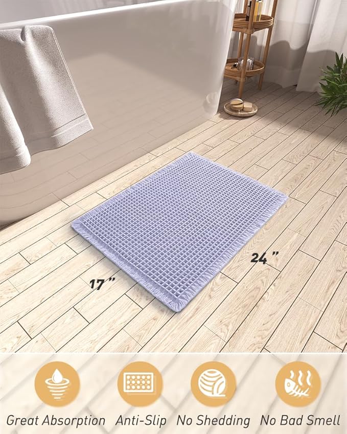 AMOAMI Upgraded Waffle Bath Mat, Super Absorbent Non Slip Bath Mats for Bathroom Floor, Machine Washable Bathroom Rugs with Tassels, Rubber Backed Bathroom Mats, Ultra Soft, 17" x 24",Purple