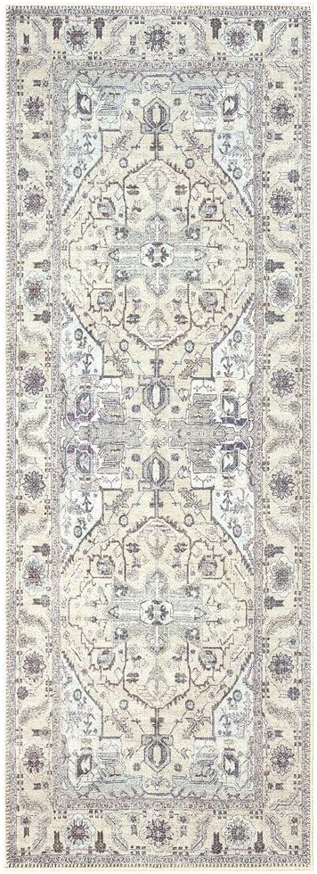 GLN Rugs Traditional Collection - Machine Washable Area Rug, Traditional Washable, Non Slip, Low Pile Chenille Rug, Living Room, Bedroom, Kitchen Rug (2'6" x 7' Cream/Gray)